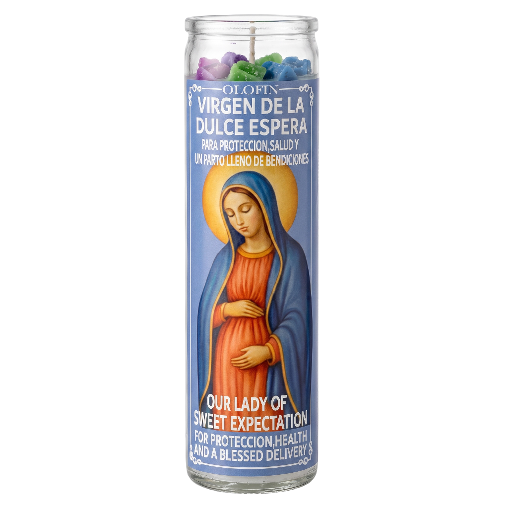 A tall glass prayer candle with a blue label featuring Our Lady of the Sweet Expectation, containing multicolored wax at the top, shown on a plain white background.