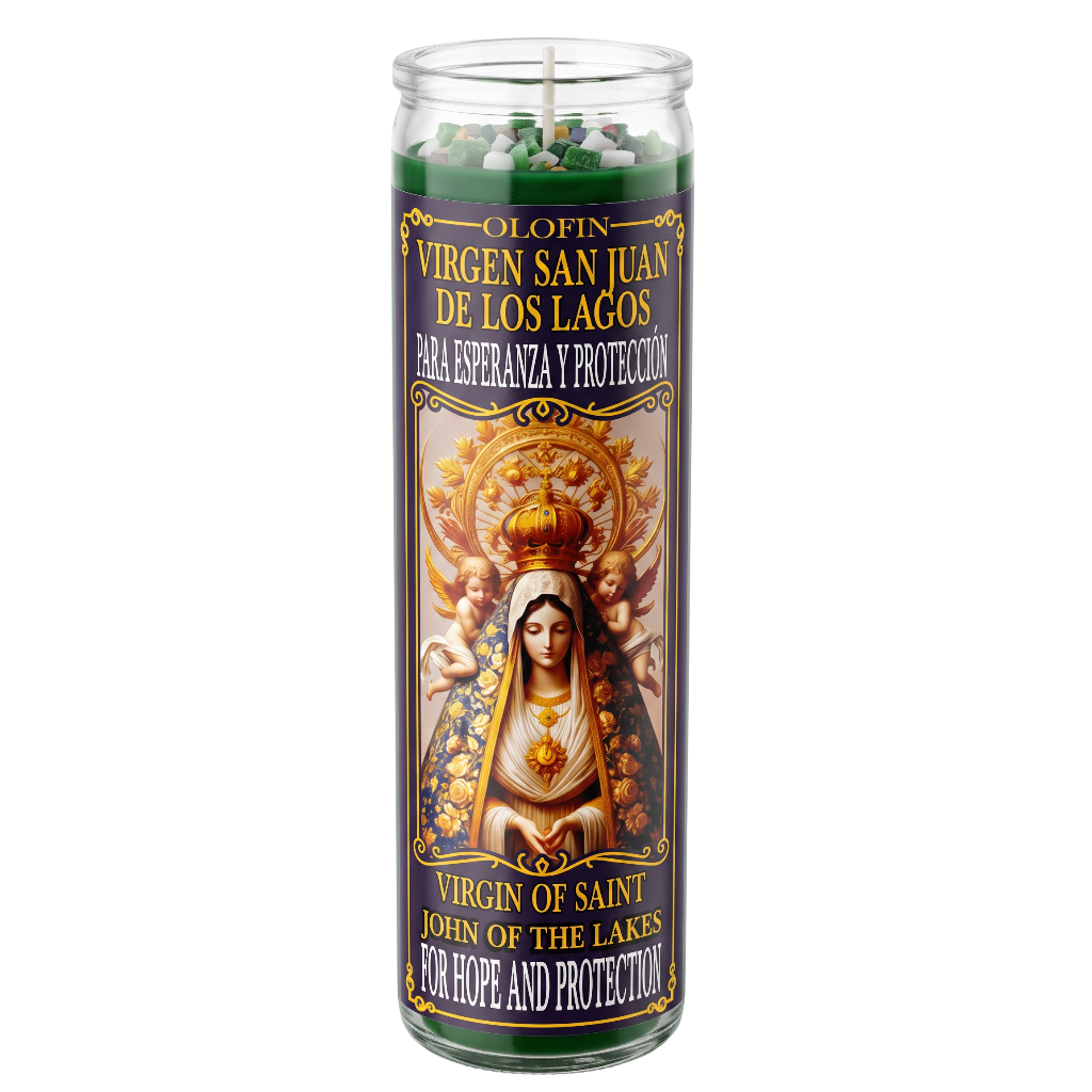 A tall glass jar candle with a clear lid, featuring a colorful label of the Virgin of the Lakes (Olofin) with gold, green, and dark purple tones. The candle wax inside is green with white and red accents, set against a plain white background.