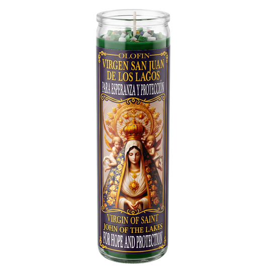 A tall glass jar candle with a clear lid, featuring a colorful label of the Virgin of the Lakes (Olofin) with gold, green, and dark purple tones. The candle wax inside is green with white and red accents, set against a plain white background.