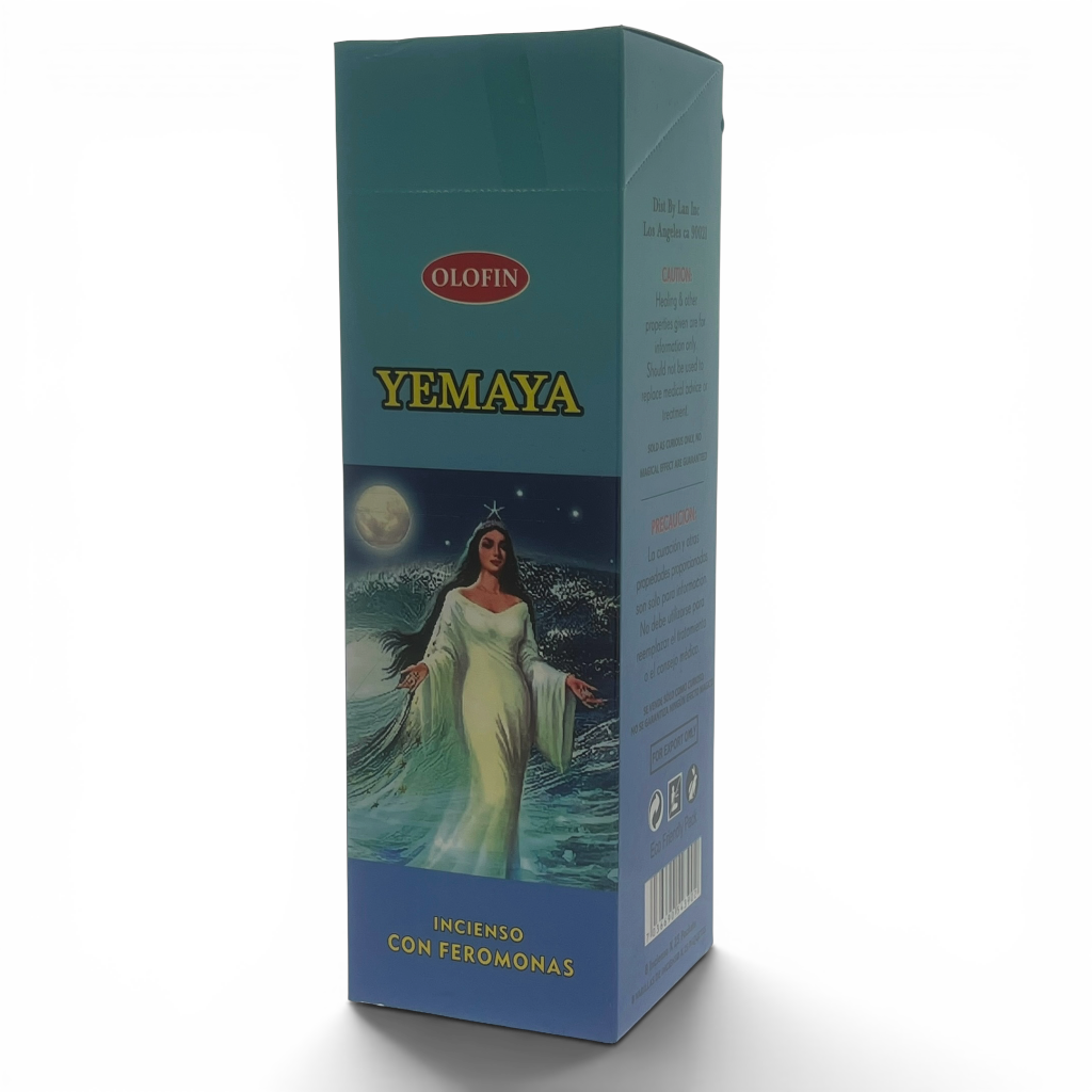 A tall rectangular Olofin Yemaya incense box with a blue gradient design, featuring an illustration of a woman in a white gown under a full moon, on a white background.