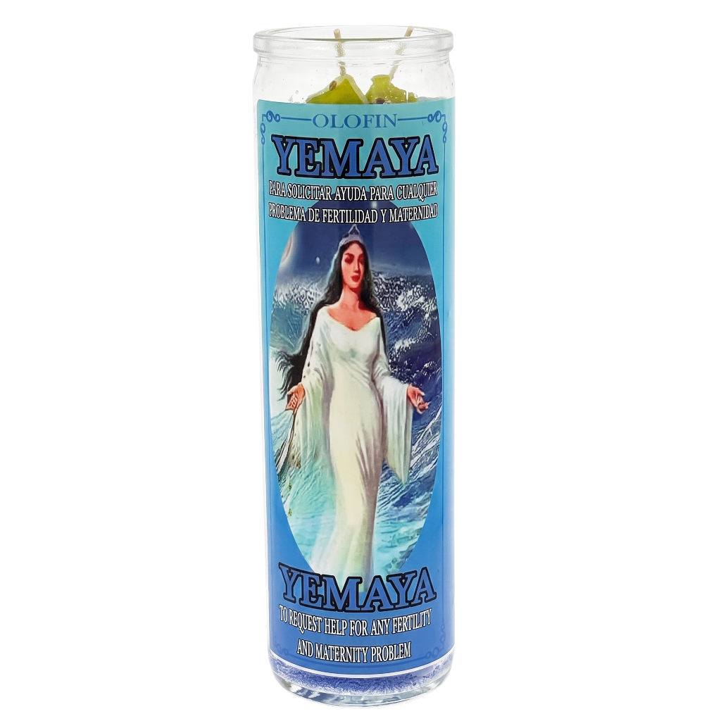 A tall glass prayer candle with a blue label featuring Yemaya, the Yoruba goddess of water and fertility. The candle has green wax visible at the top and is photographed against a plain white background.
