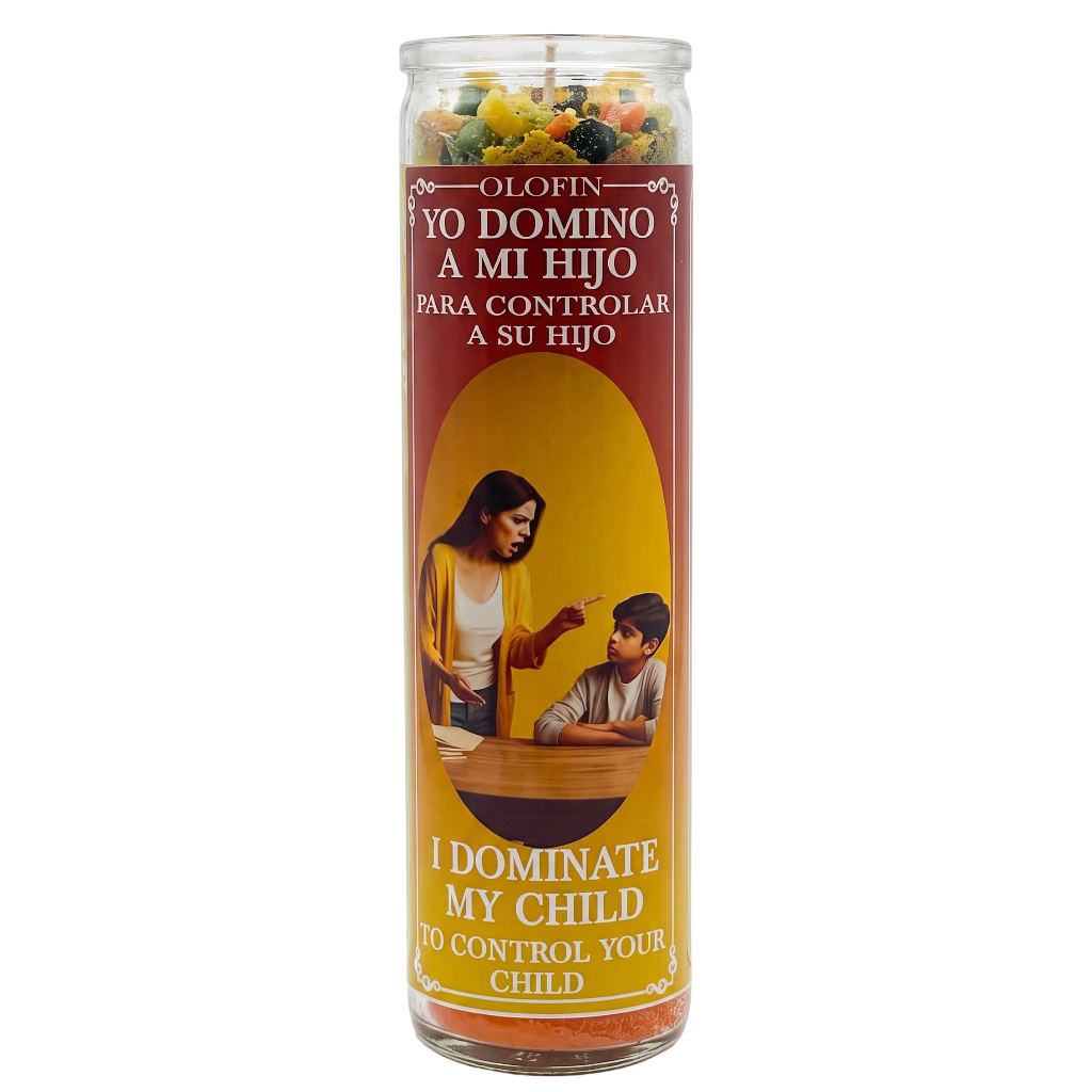A tall glass prayer candle with a Spanish and English label reading 'Yo Domino a mi hijo para controlar a su hijo' and 'I dominate my child to control your child.' The label features a warm yellow and brown design with an illustration of Jesus and a child, and multicolored wax pieces are visible at the top through the clear glass.