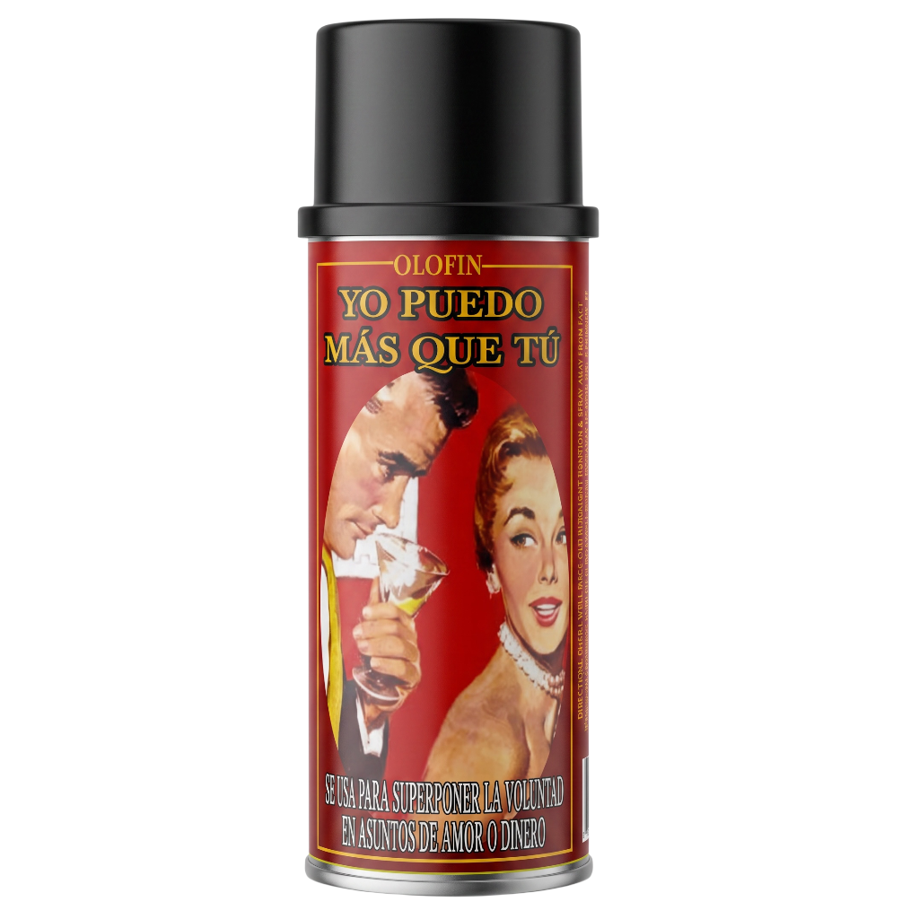 A can of Olofin 'Yo Puedo Más Que Tú' permanent hair color against a plain white background. The can features a black cap and a red label with a retro-style illustration of a man and woman and gold lettering.