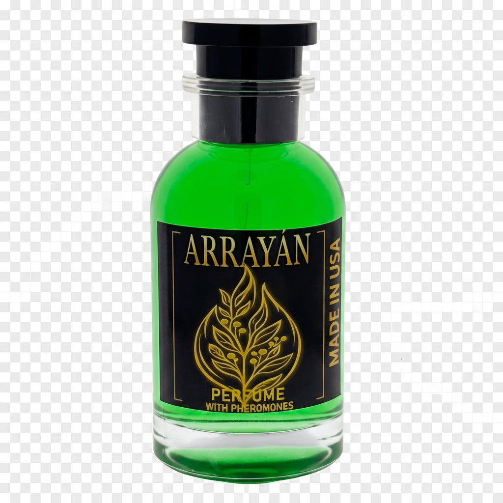 Dubai Perfume LA Arrayan pheromone-infused green fragrance in a sleek glass bottle with a black cap.
