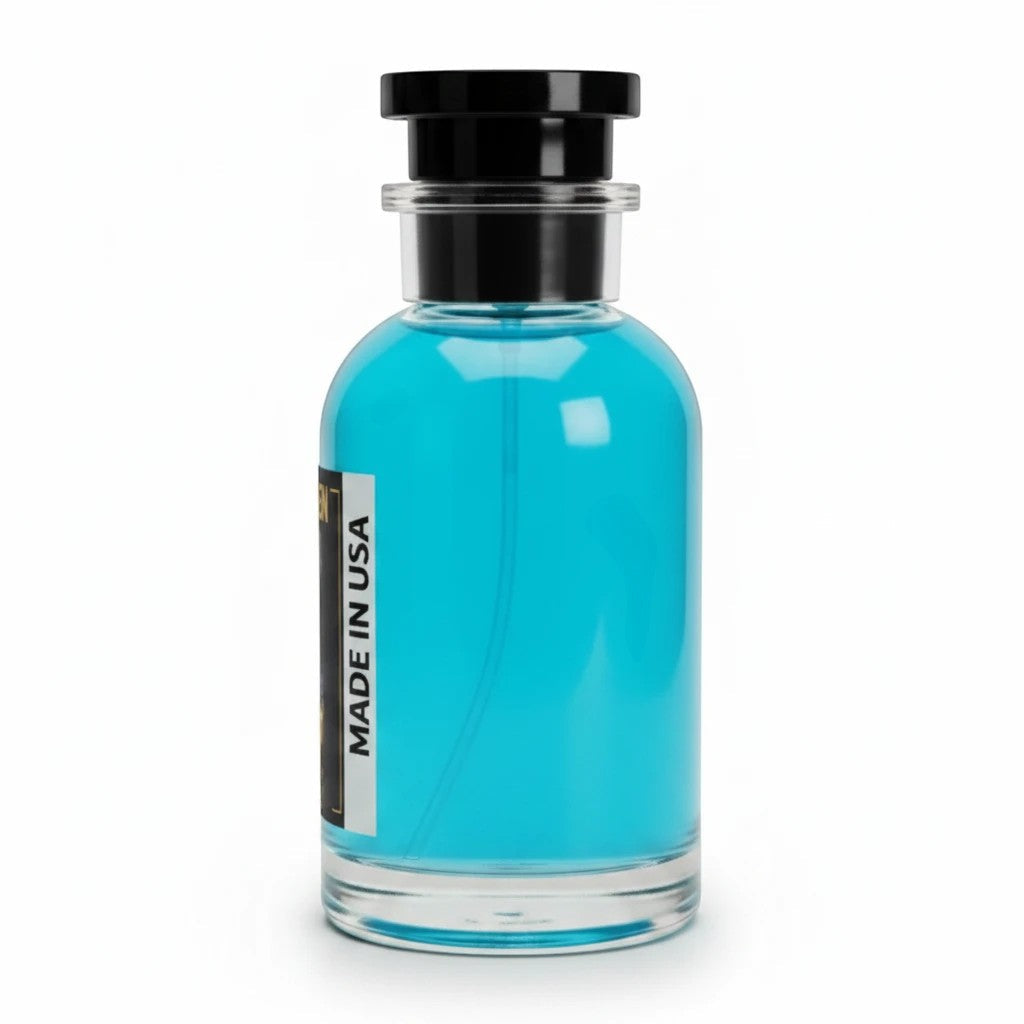 Dubai Perfume LA Proteccion En El Trabajo pheromone perfume in a clear glass bottle with vibrant blue liquid