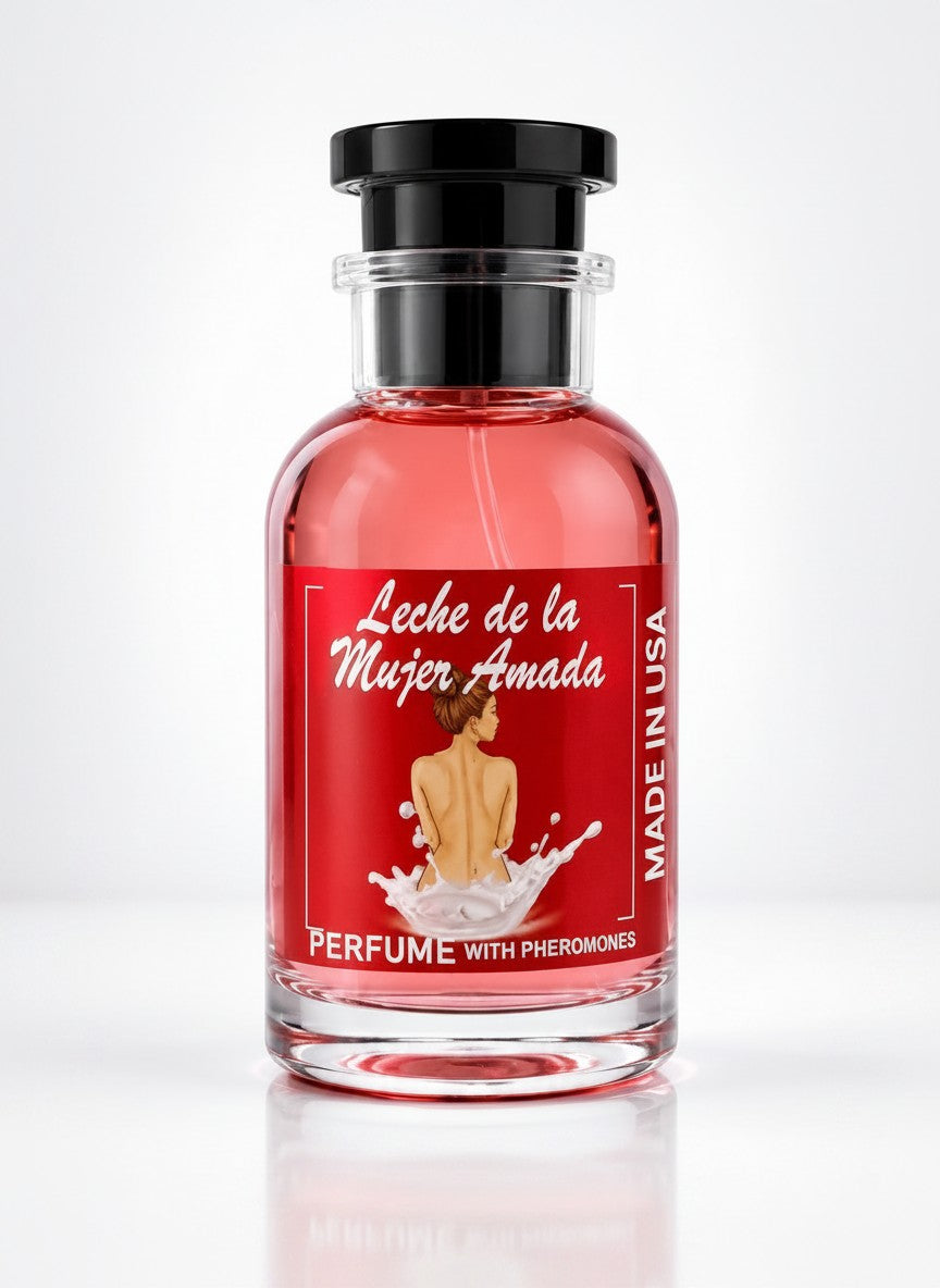 Dubai Perfume LA Leche De La Mujer Amada 100 ML perfume with pheromones, pink liquid in glass bottle with red label.