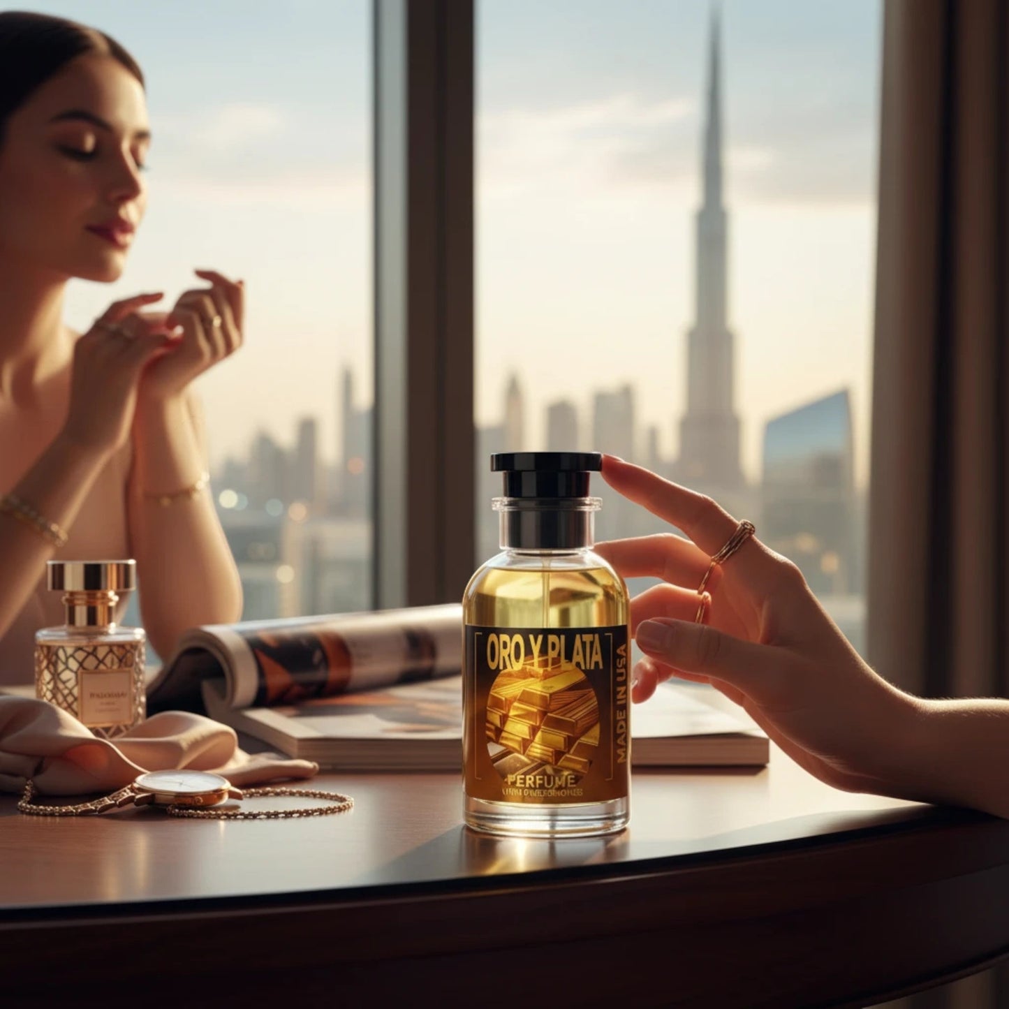 Dubai Perfume LA Oro Y Plata pheromone perfume bottle on a table with a woman in a luxury city skyline setting.