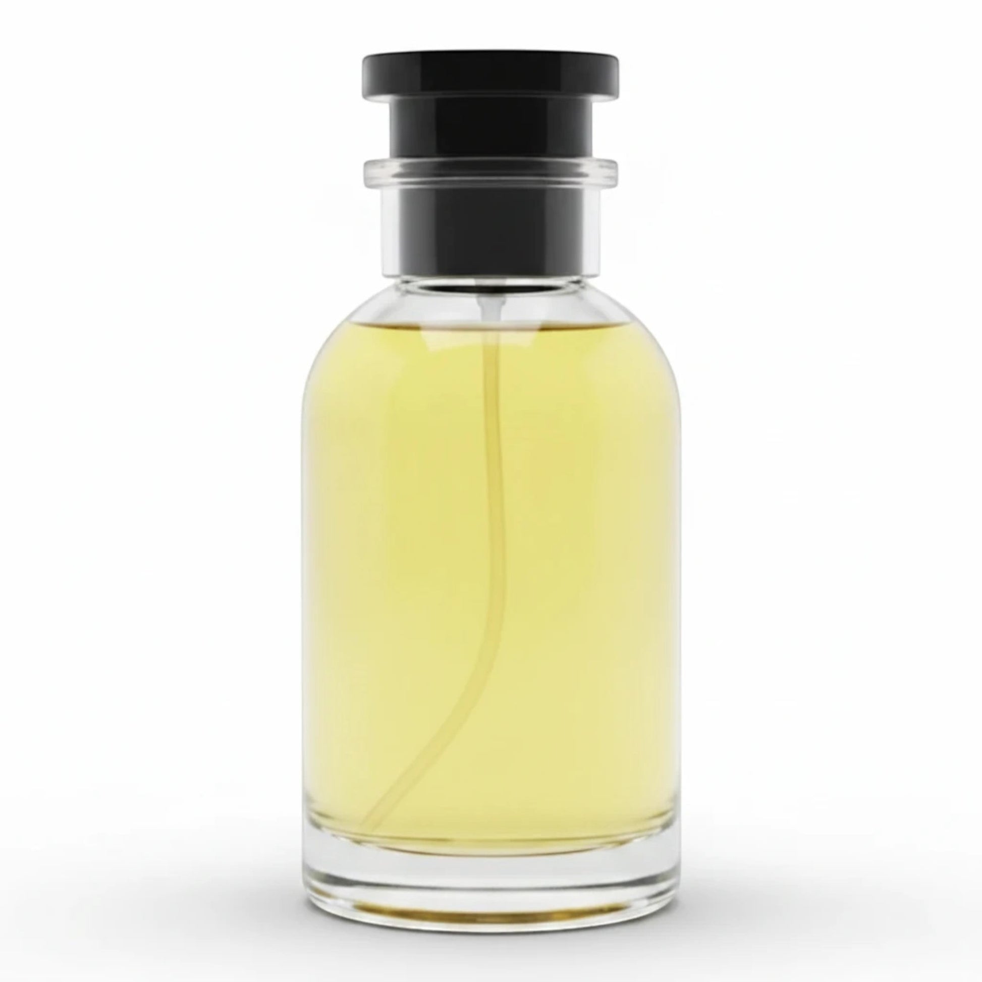 Dubai Perfume LA Oro Y Plata pheromone-infused perfume in a minimalist clear glass bottle with a black cap.