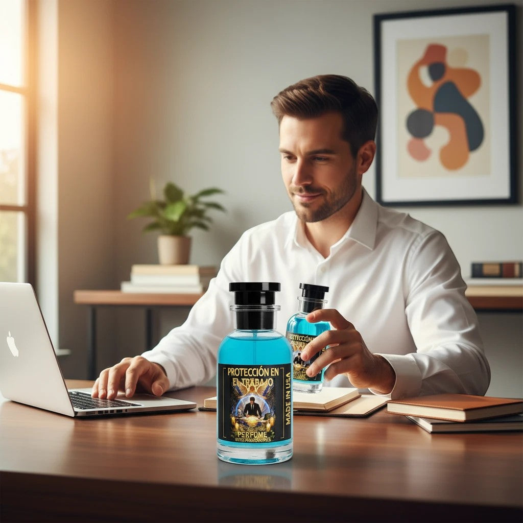 Dubai Perfume LA Proteccion En El Trabajo pheromone perfume bottle on a desk with a man working in the background.