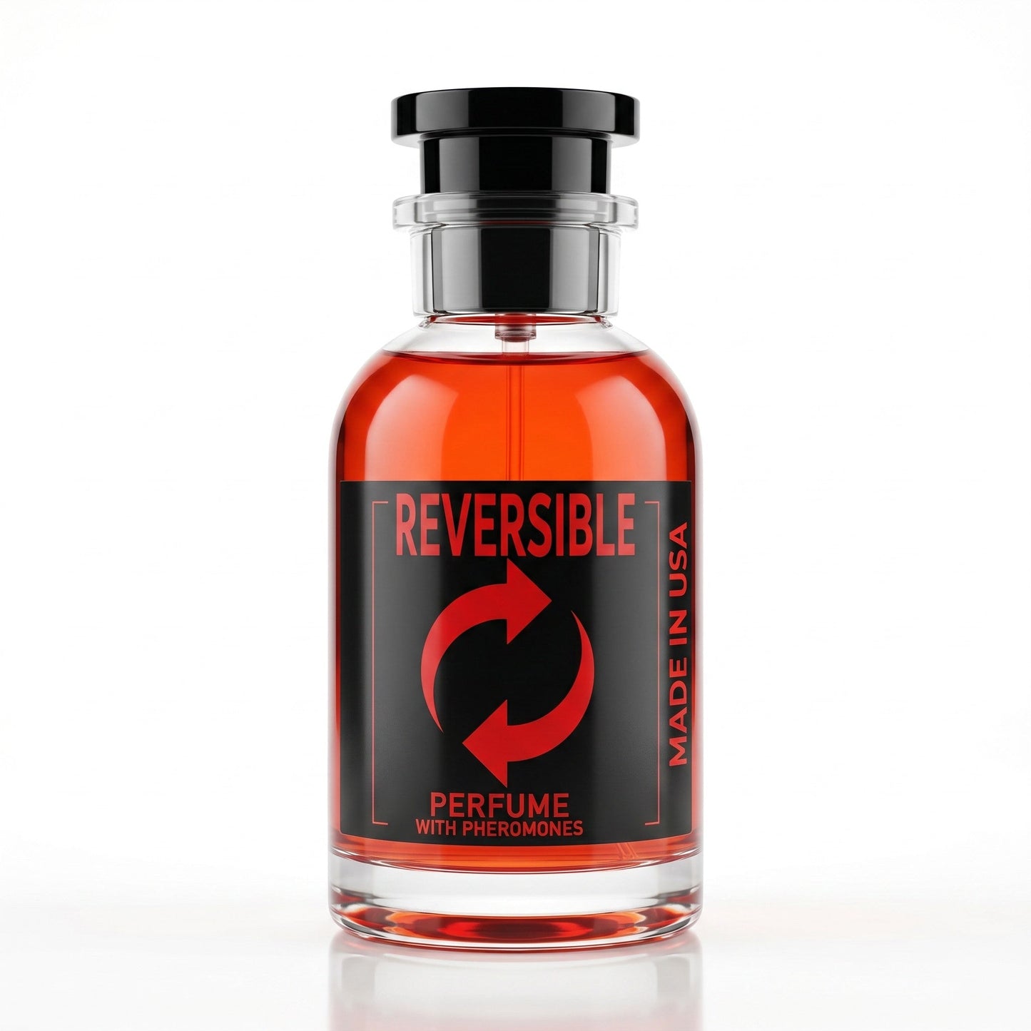 Dubai Perfume LA Reversible pheromone fragrance in a vibrant red glass bottle with a black label and cap.