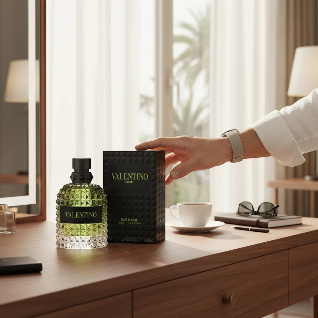 Dubai Perfume LA Valentino Uomo Born In Roma Yellow Dream fragrance bottle and box on a wooden vanity table.